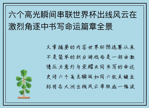 六个高光瞬间串联世界杯出线风云在激烈角逐中书写命运篇章全景